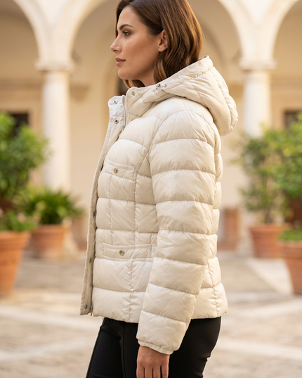 Piumino avorio, vista laterale con modella corporatura media